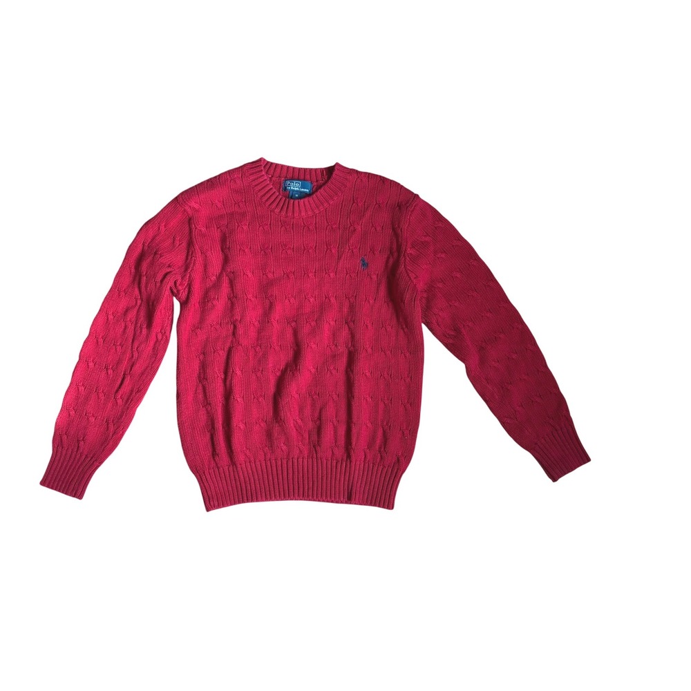 Polo Ralph Lauren Kids Red Cable Knit Cotton Crew Neck Sweater Size M Preppy.